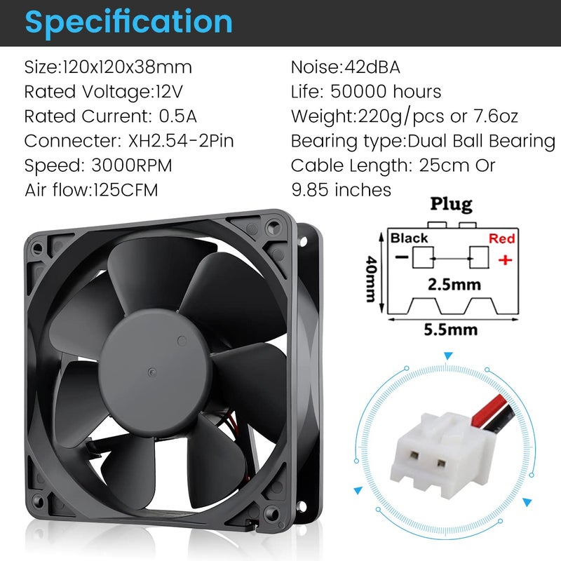 Wathai 120mm x120 x 38mm 12V 2Pin Dual Ball 12cm Industrial Cooling Fan High Airflow - Image 2